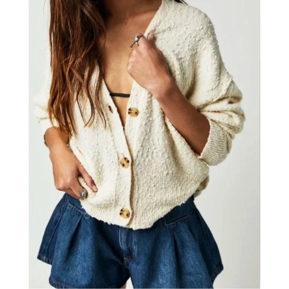 Free People Found My Friend Cardigan Sweater Small Ivory Oversized V-Neck - Picture 2 of 8